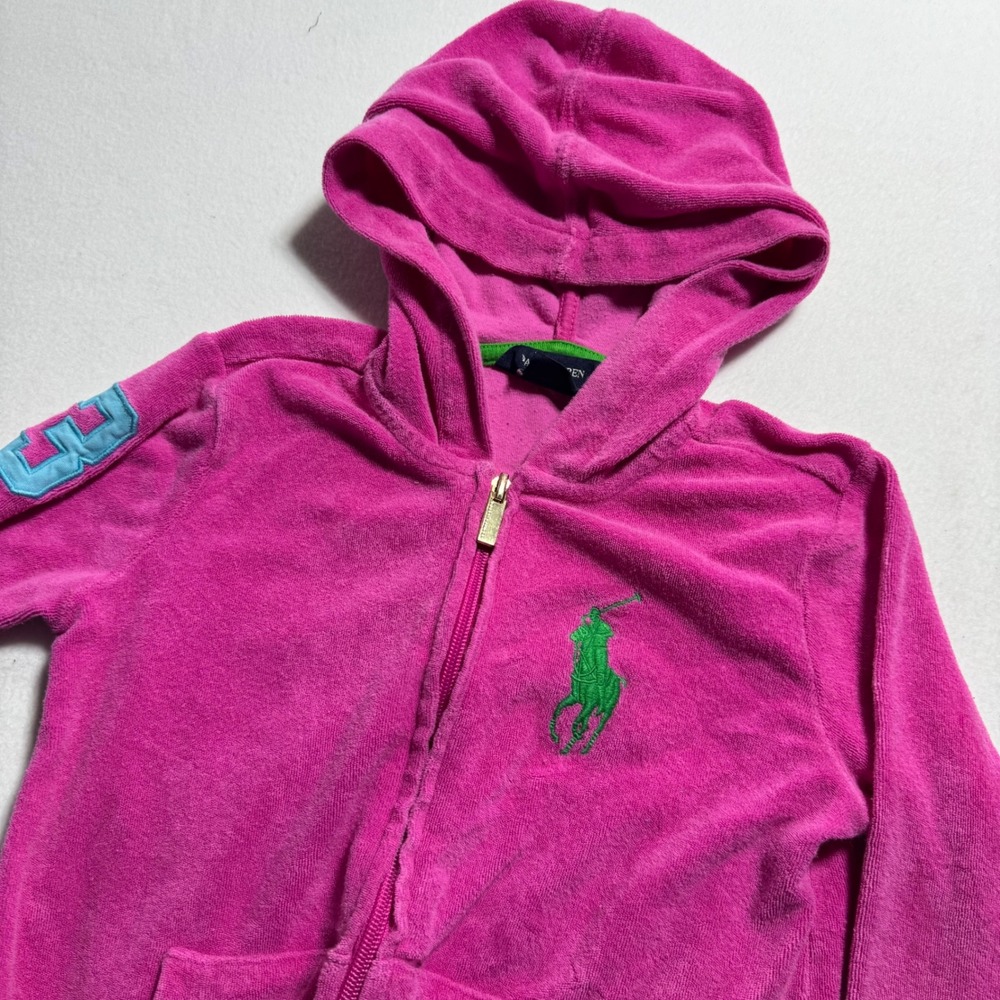 Ralph Lauren Kids Pink Velour Full Zip Hoodie Size S (7) Big Pony Logo Cotton